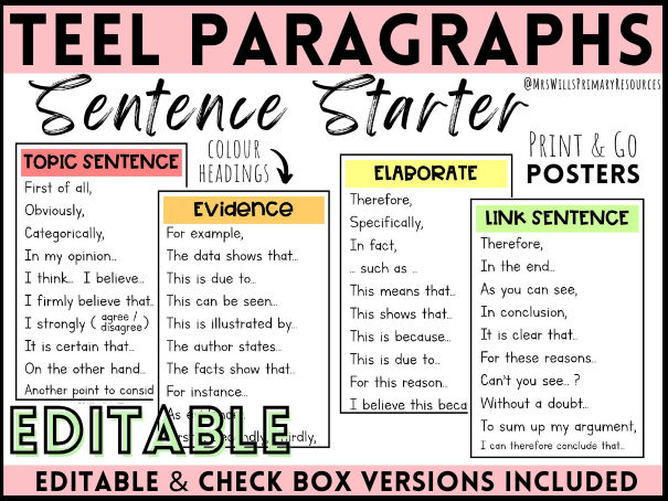 TEEL Paragraph Sentence Starter Persuasive Writing Editable Posters