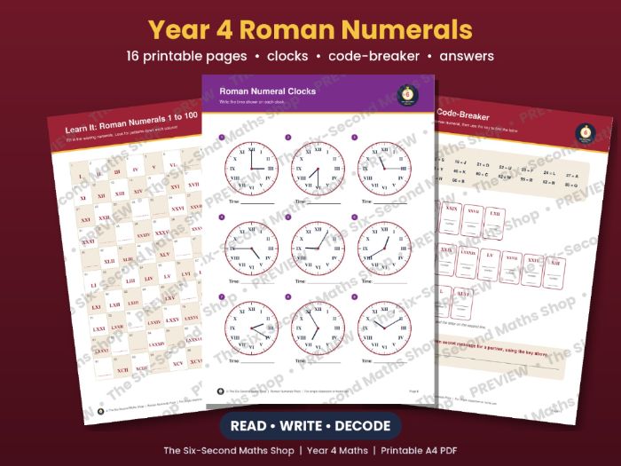 Year 4 Roman Numerals Worksheets | Clocks, Code-Breaker and Answers
