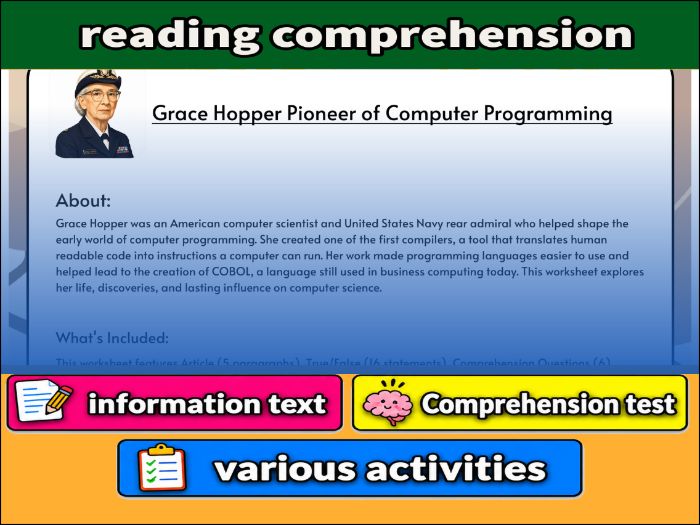 Grace Hopper Pioneer of Computer Programming- Reading Comprehension & Activities