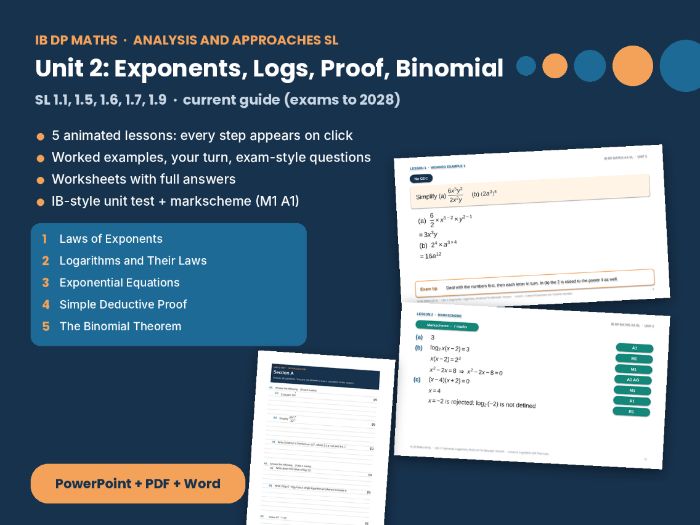 IB Maths AA SL Exponents and Logarithms – Unit 2: proof, binomial theorem, worksheets, IB test