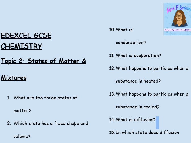GCSE Edexcel Chemistry – States of Matter & Mixtures Worksheet (30 Questions + Answers)
