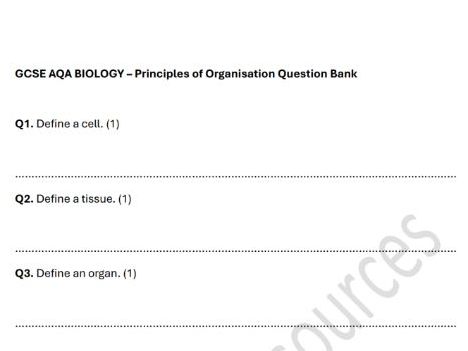 GCSE AQA BIOLOGY - PRINCIPLES OF ORGANISATION QUESTIONS