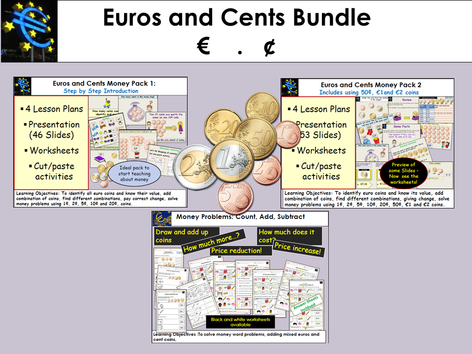 money euros and cents presentations worksheets activities bundle