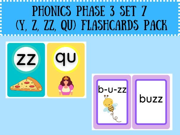 Phonics Phase 3 Set 7 Flashcards Pack (Y, Z, ZZ, QU)