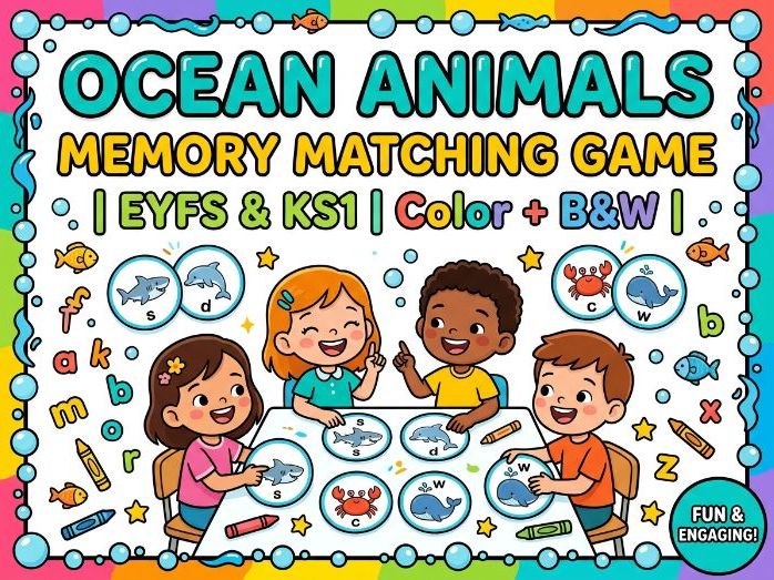 Ocean Animals Memory Matching Game | EYFS & KS1 | Color + B&W