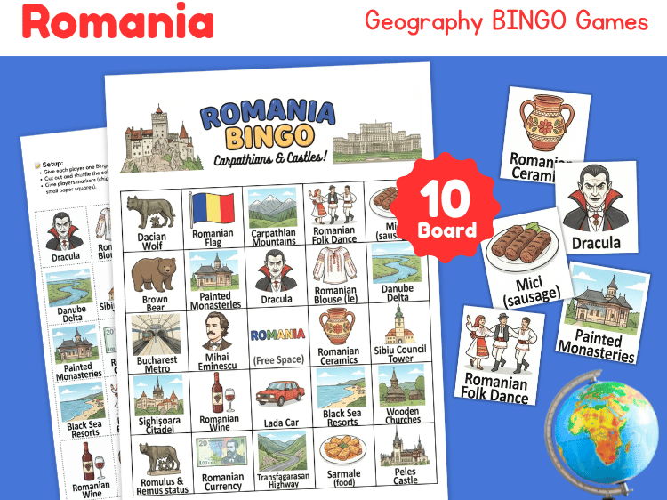 Romania Geography Bingo Game | Country Study & Culture Activity