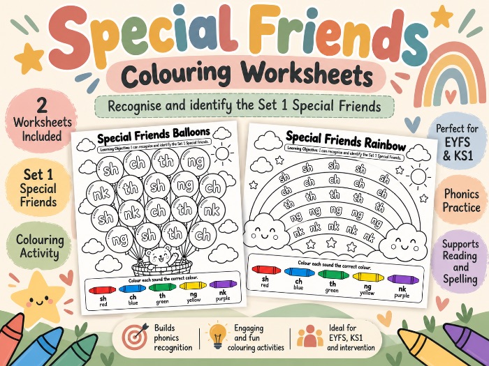 Special Friends Phonics Colouring Worksheets |sh, ch, th, ng, nk | EYFS & KS1