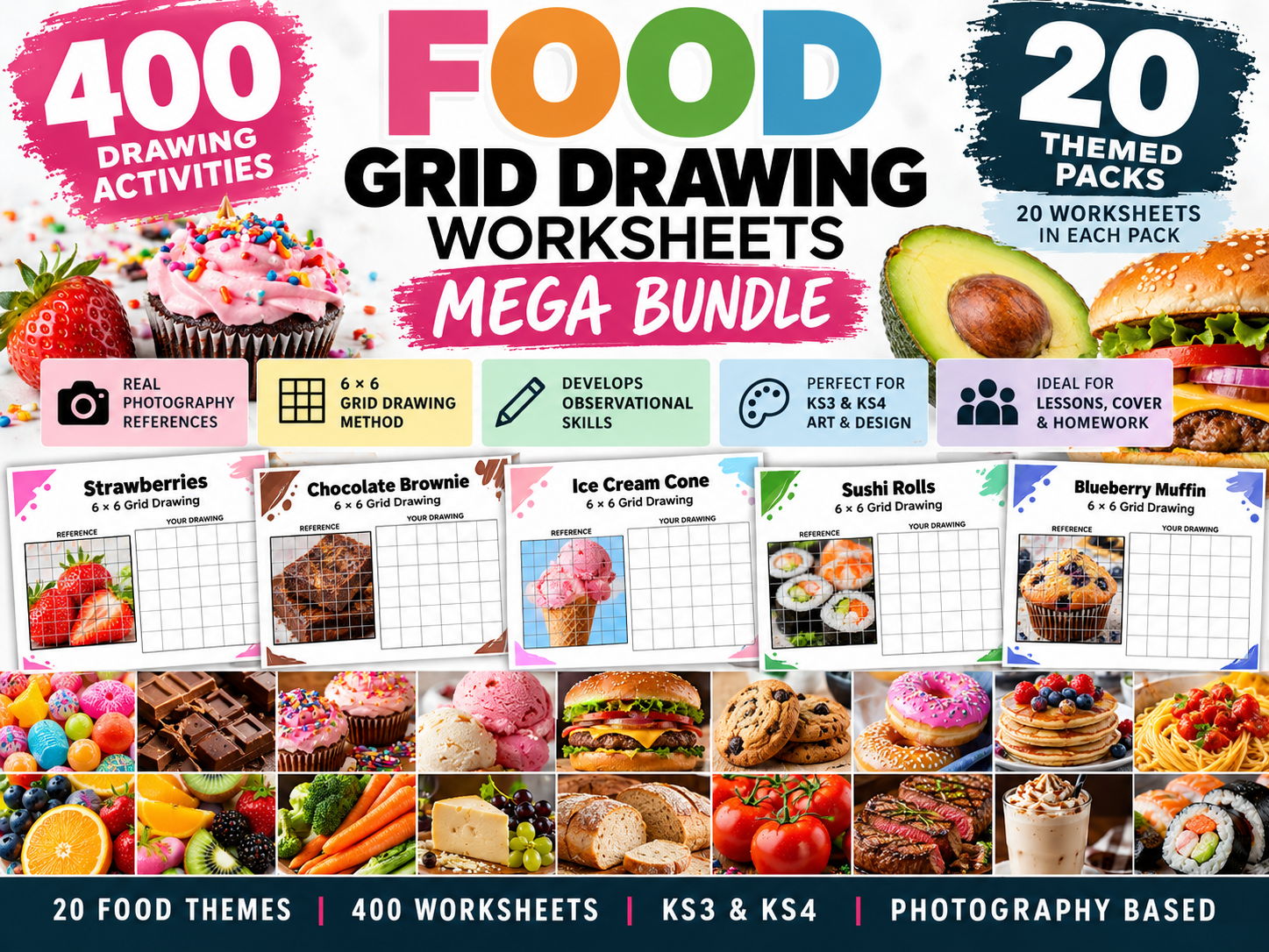 Food Grid Drawing Worksheets Mega Bundle | 400 Art Activities | 20 Packs | KS3 KS4 Art & Design