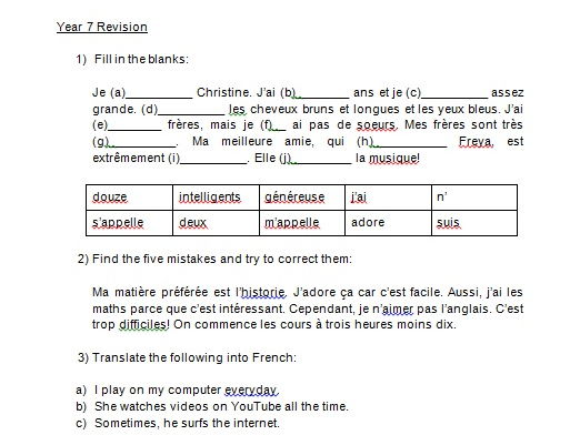 Year 7 French- End of Year Revision Worksheet