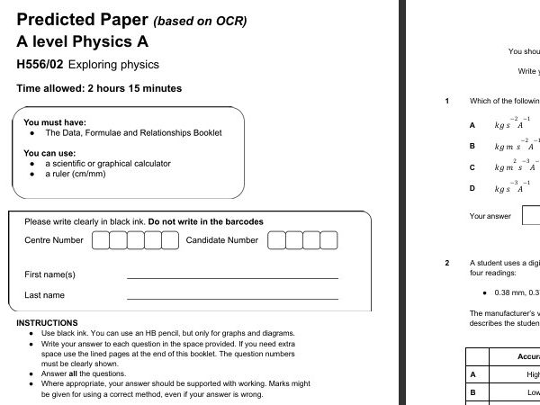 OCR A-Level Physics A Paper 2 Predicted 2026 – H556/02 Exploring Physics Full Exam + Mark Scheme