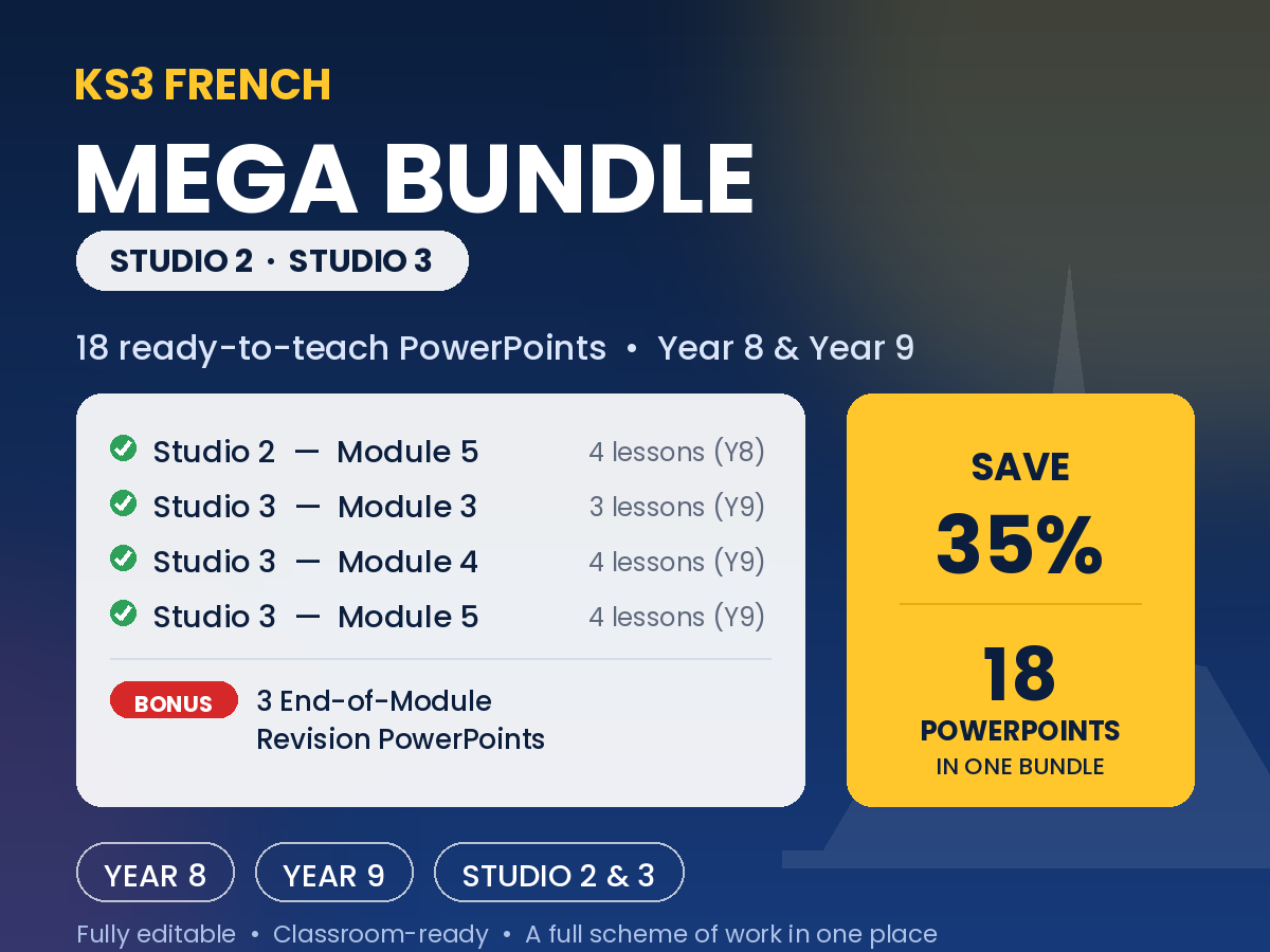 "French KS3 MEGA BUNDLE - Studio 2 & Studio 3 - 18 PowerPoint Lessons (Y8 & Y9)"