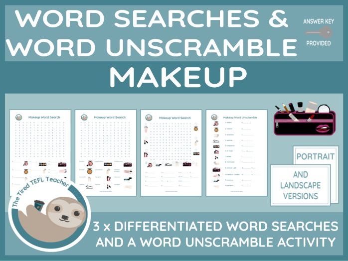 ESL Makeup Vocabulary Differentiated Word Searches and Word Unscramble