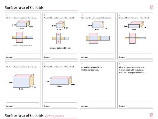 Surface Area of Cuboids Worksheet GCSE