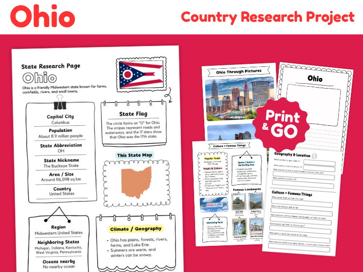 Ohio State Research Project | US Geography & State Study Worksheets