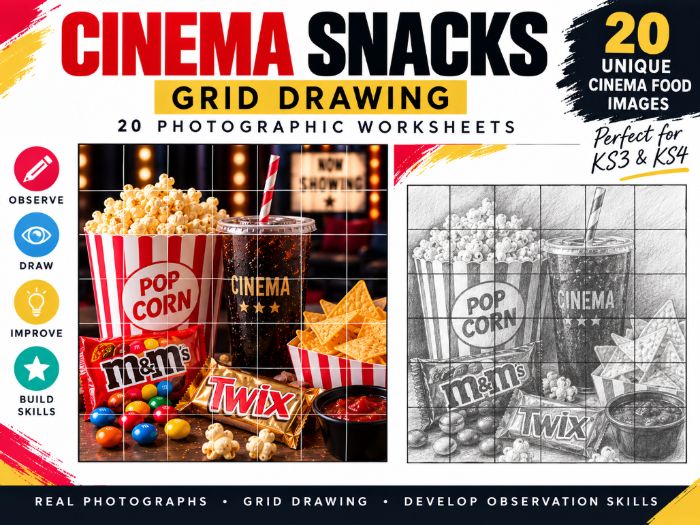 Cinema Snacks Grid Drawing Worksheets | 20 Food Photography Drawing Activities | KS3 KS4 Art