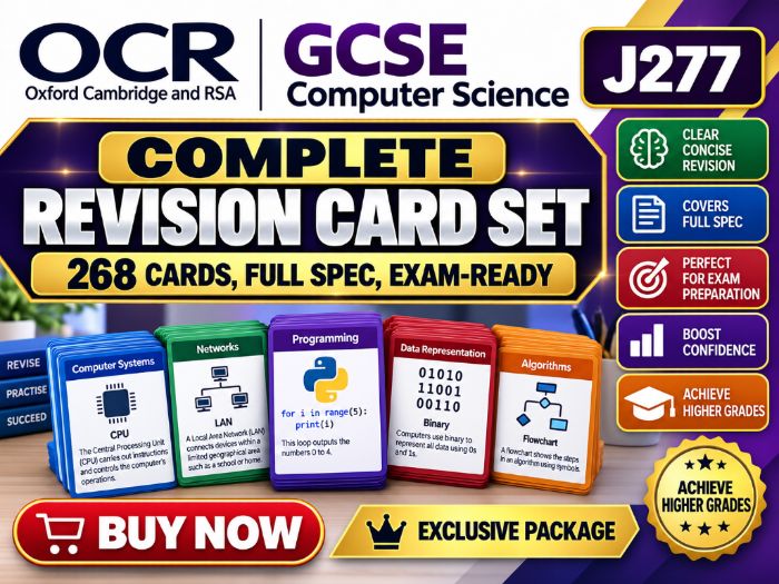 OCR GCSE Computer Science (J277) COMPLETE Revision Card Set – 268 Cards, Full Spec, Exam-Ready