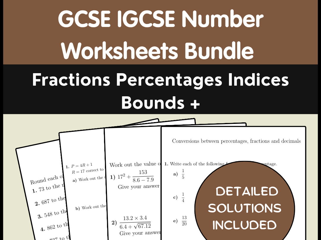 GCSE IGCSE Number Worksheets Bundle - Fractions Percentages Indices Bounds +