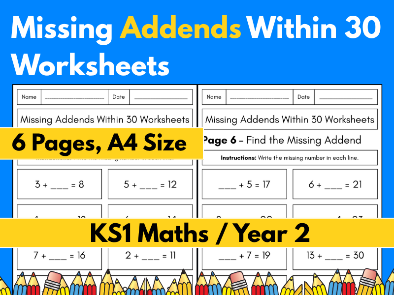 Missing Addends Within 30 Worksheets | KS1 Maths | Addition | Year 2