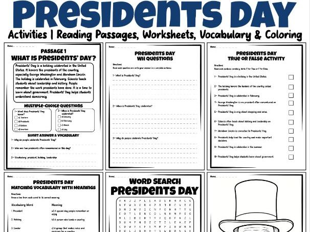 Presidents’ Day Activities | Reading Passages, Worksheets, Vocabulary & Coloring
