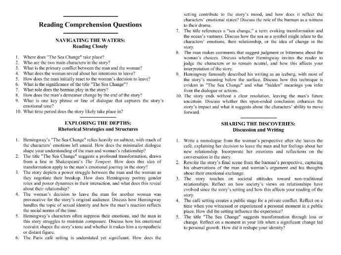 The Sea Change by Ernest Hemingway with Reading Comprehension Questions