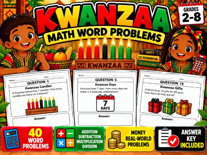 Kwanzaa Math Word Problems | 40 Printable Problems & Answer Key | Grades 2–8