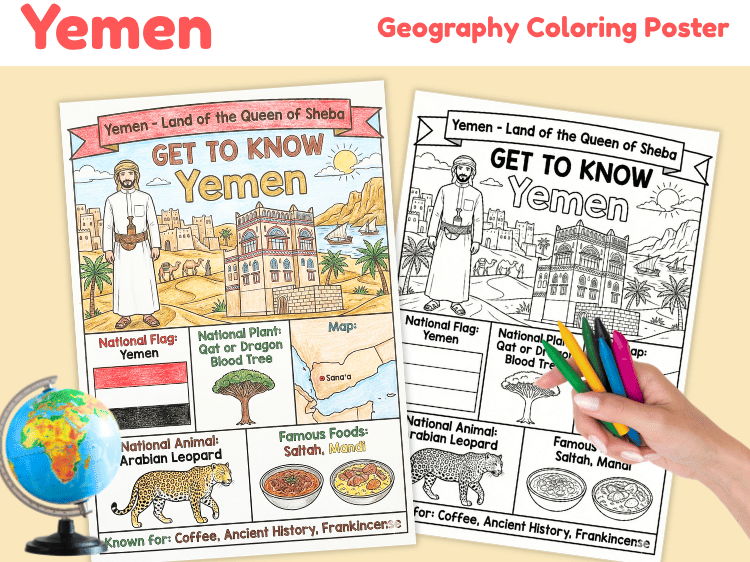 Yemen Geography Coloring Poster | Country Facts & Culture