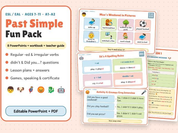 Past Simple - ESL Workbook, Teacher Guide & 8 PowerPoint Lessons (Ages 7–11)
