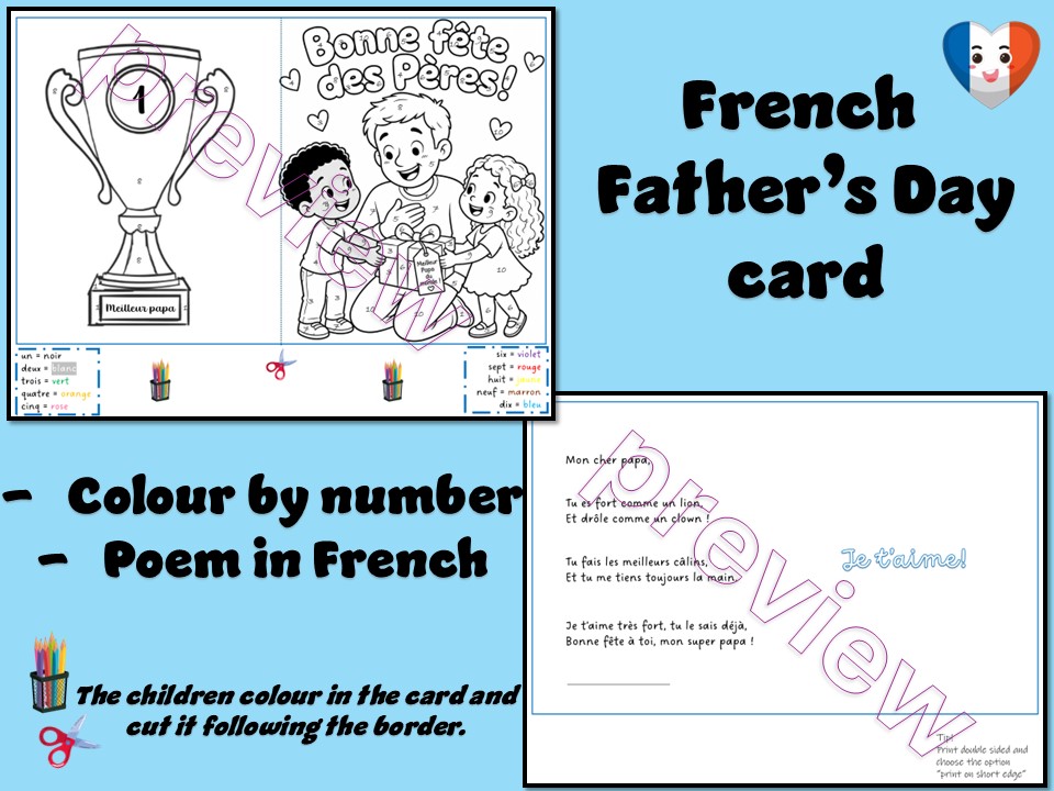 La fête des pères | French Father's day | Colour by number | Card