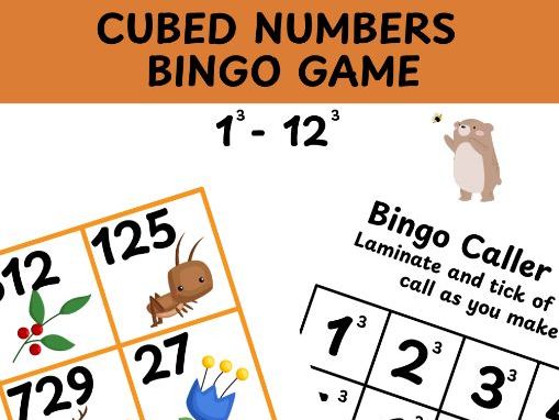 Cubed numbers bingo game numbers 1-12 cubed