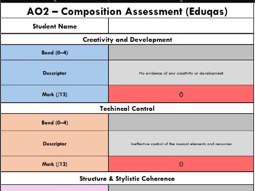 GCSE Music Eduqas Composition Feedback Sheet Excel