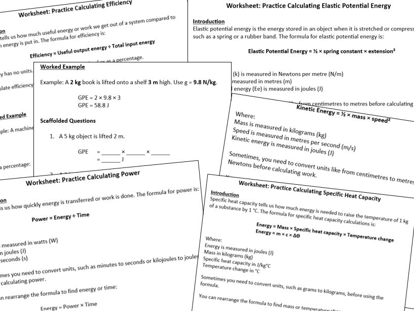 Energy Calculations - A series of worksheets covering all GCSE Physics energy calculations
