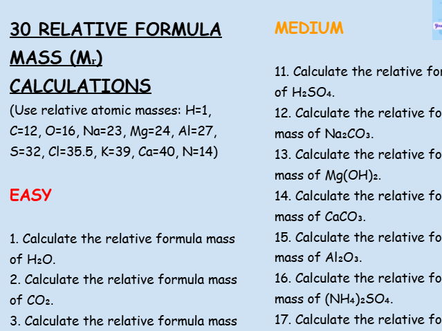 Relative formula mass calculations