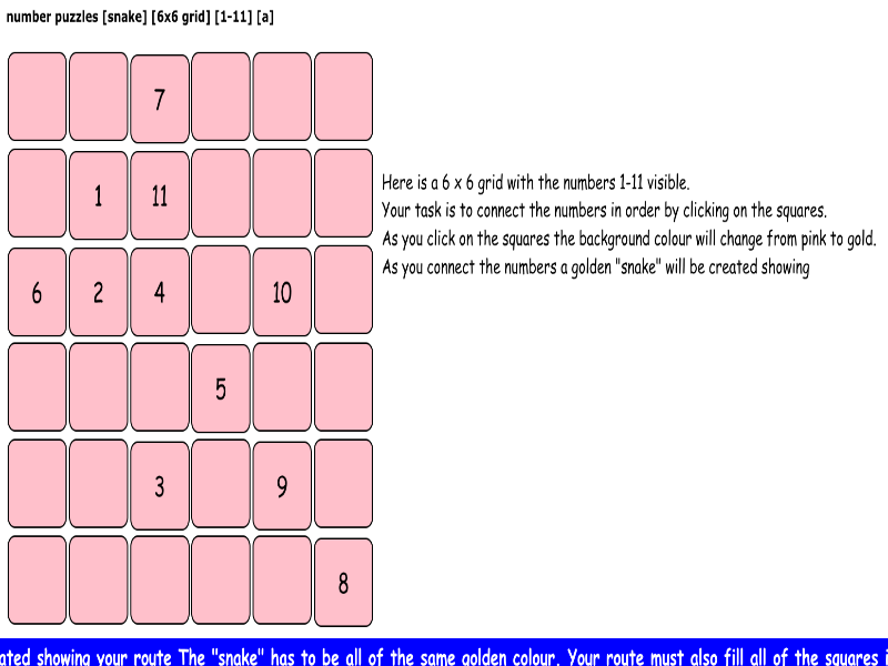 number puzzles [snake] [6x6 grid] [1-11] [a]