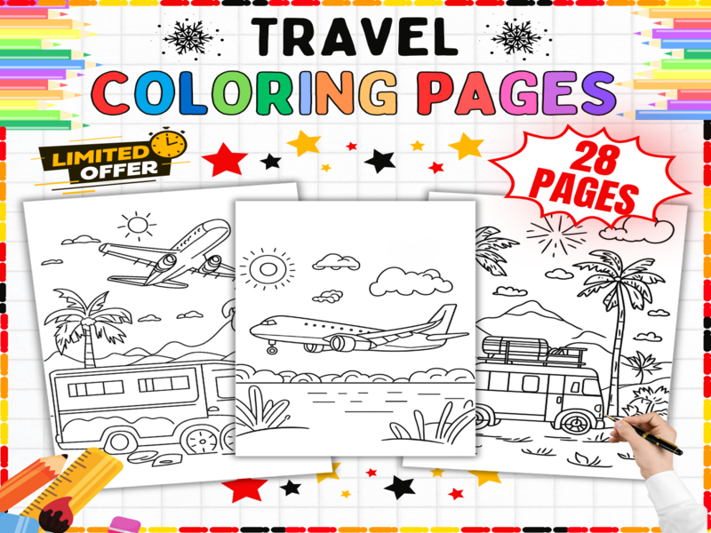 28 Travel Colouring Pages | Holiday & Transport Worksheets | Aeroplane Bus Art Activities Pack