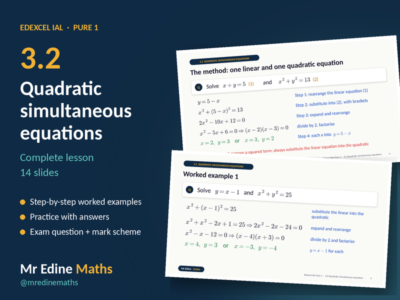 Quadratic Simultaneous Equations – Edexcel IAL Pure 1 (Chapter 3.2) – Complete Lesson