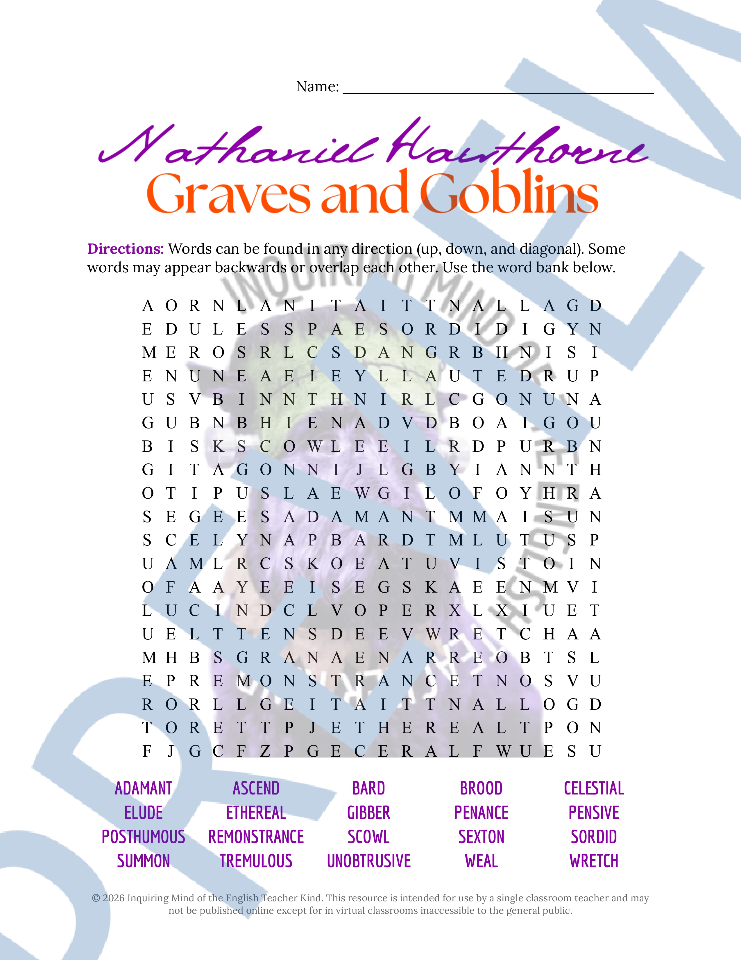 "Graves and Goblins" by Nathaniel Hawthorne Vocabulary Worksheet ...