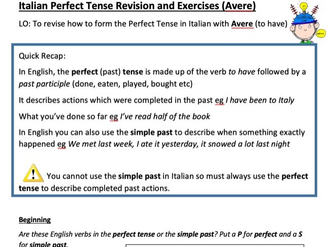 Italian Perfect Past Tense Revision, Exercises and Answers