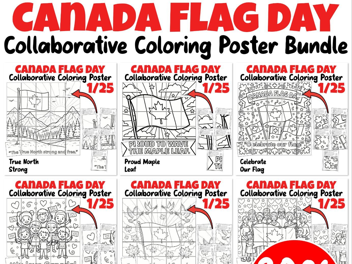 Canada Flag Day Collaborative Coloring Posters Bundle | 6 Classroom Displays