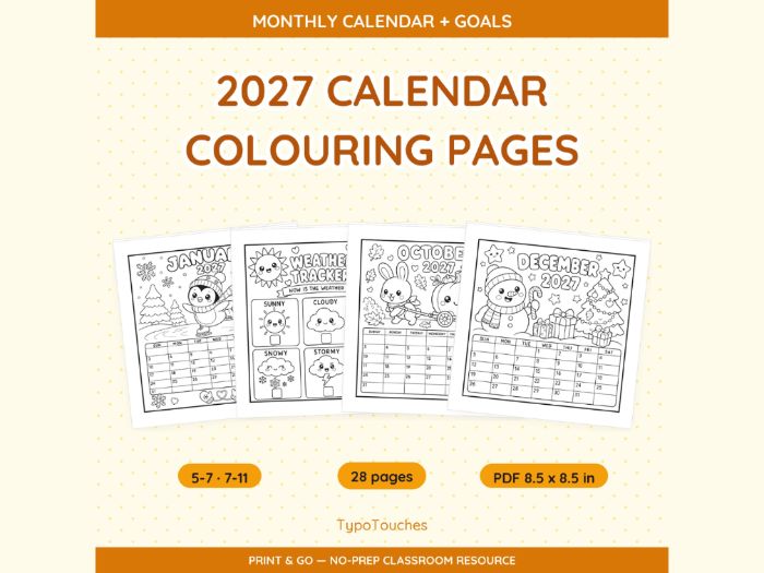 2027 Calendar Colouring Pages | 28 pp