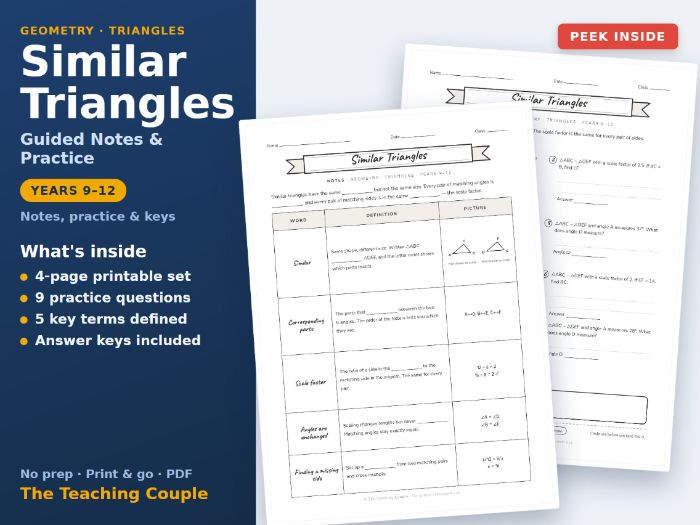 Similar Triangles Sketch Notes & Practice + Answer Keys | Years 9-12