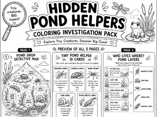 Hidden Pond Helpers Coloring Investigation Pack |Pond Life, Water Bugs & Habitat
