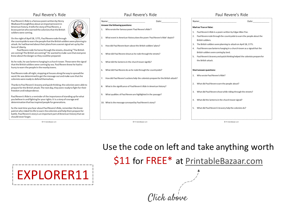 Paul Revere's Ride Reading Comprehension Passage Printable Worksheet ...