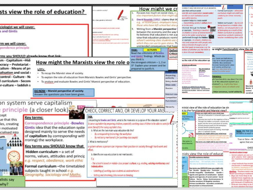 AQA GCSE Sociology: Education - The role of education (Functionalist, Marxist & Feminist views) BUNDLE