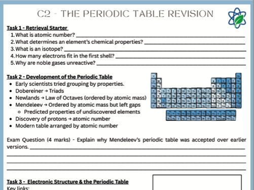 C2/Periodic Table Topic/Revision Lesson/Worksheet With Answers/GCSE/AQA/Combined Science/Chemistry