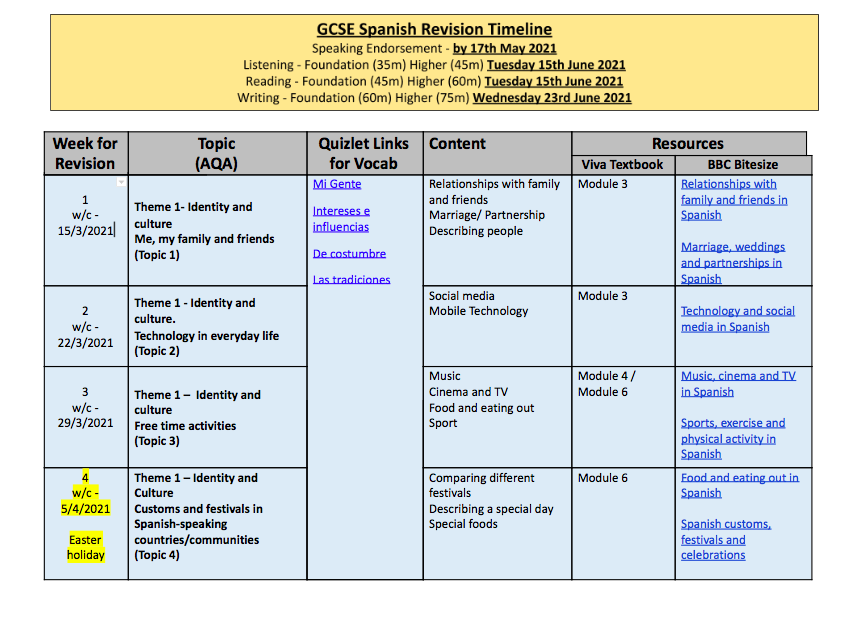 GCSE Spanish Revision Timetable 2020/2021
