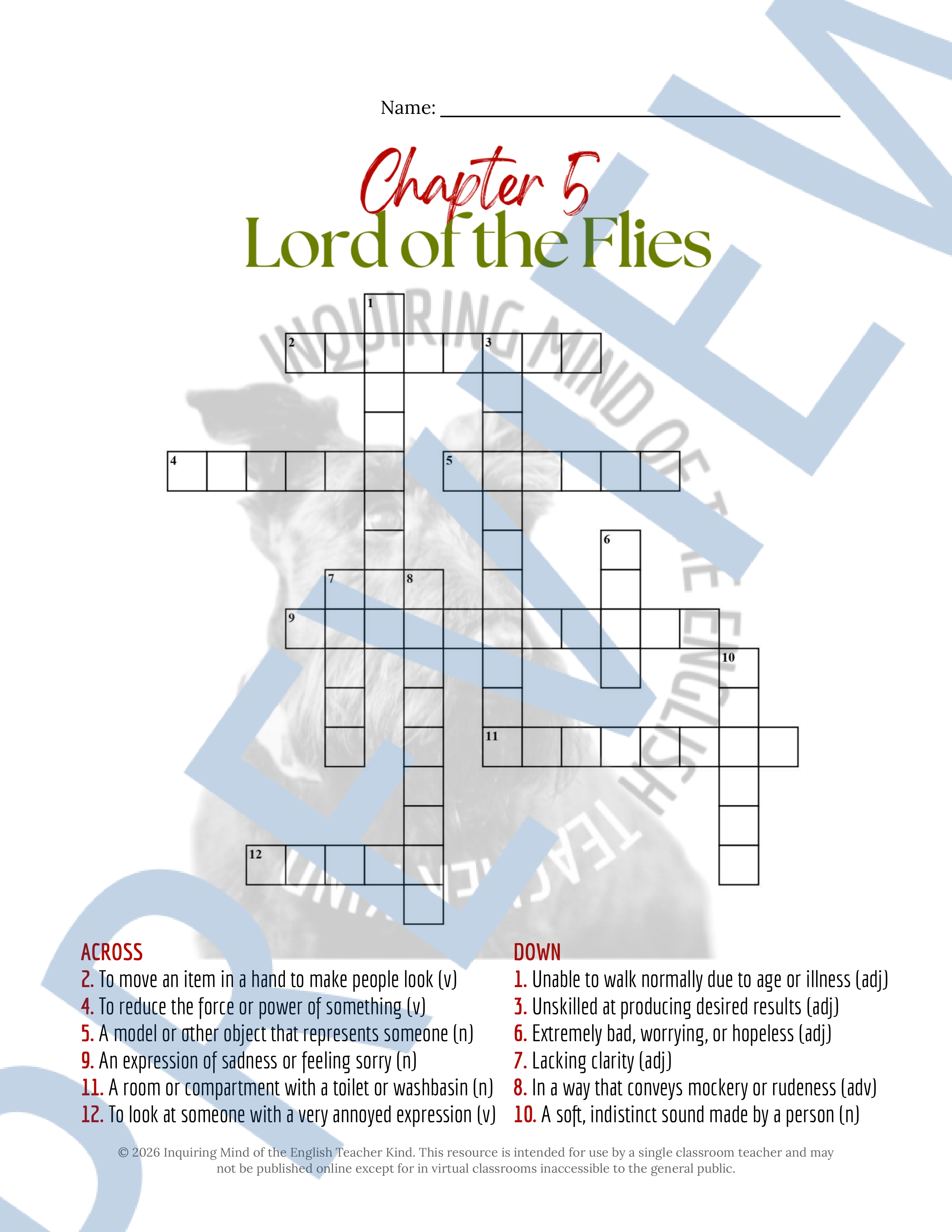 Lord of the Flies Chapter 5 Vocabulary Games | Crossword Puzzle | Word ...