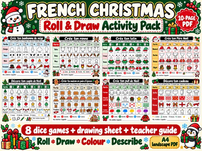 French Christmas Roll and Draw – 8 Festive Dice Activities