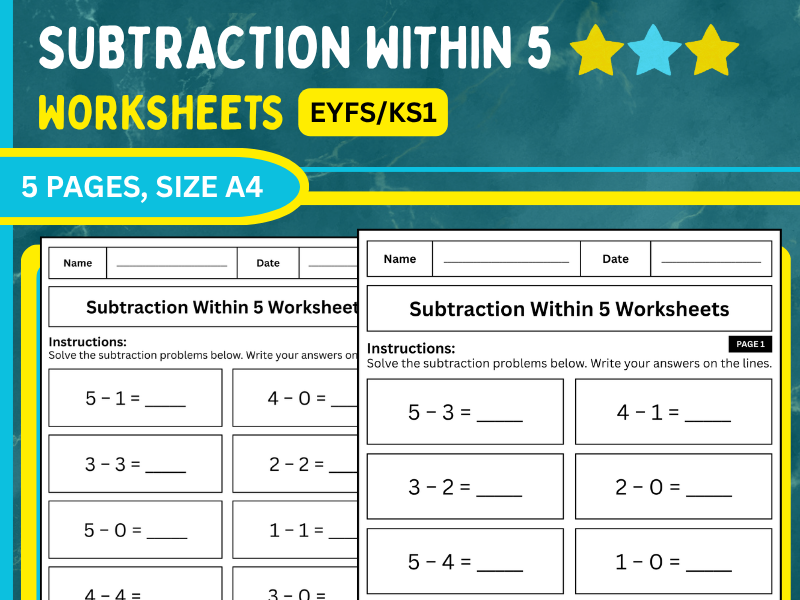Subtraction Within 5 Worksheets – EYFS/KS1