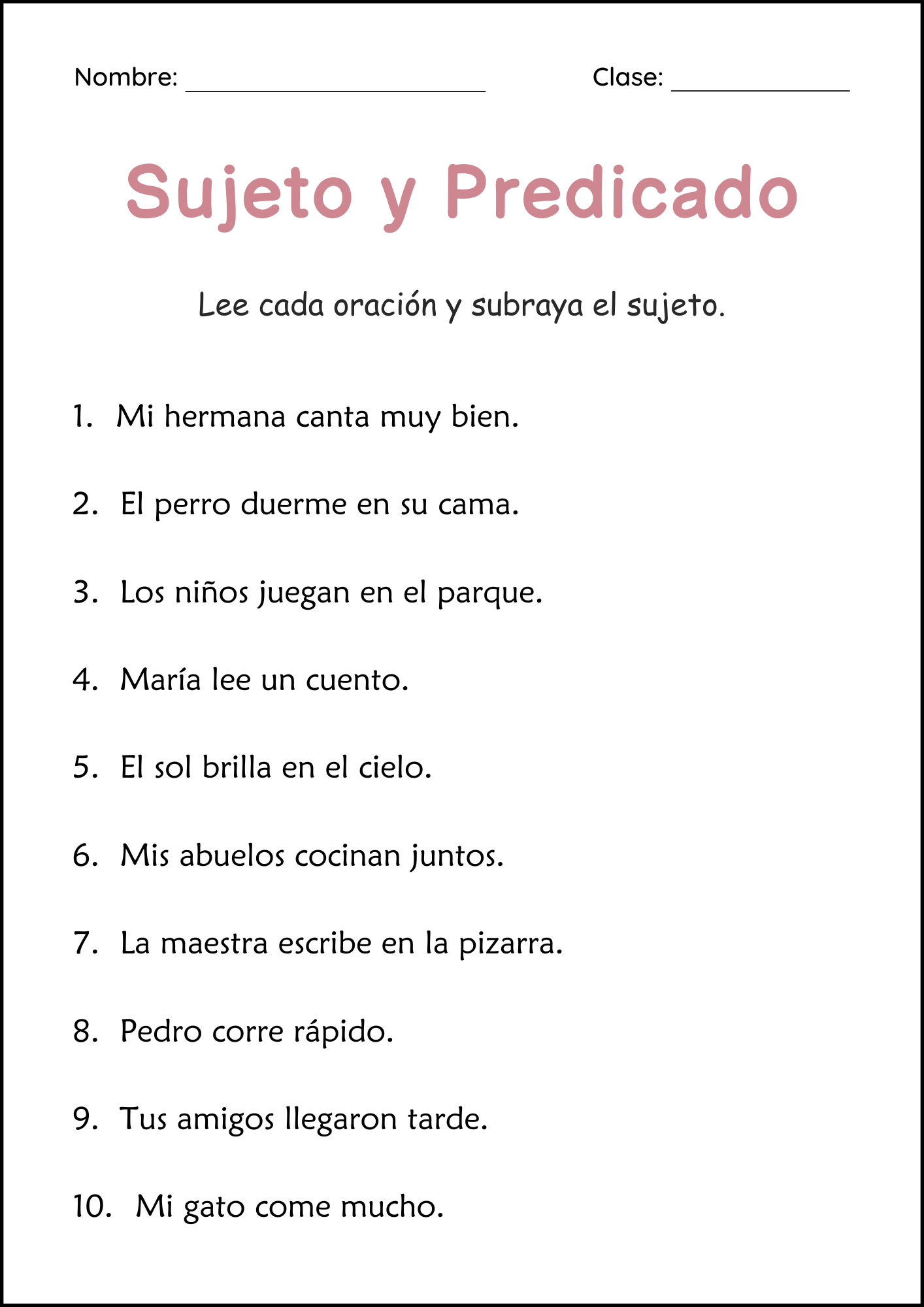 Spanish Subjects and Predicates - Sentence Structure Worksheets for ...