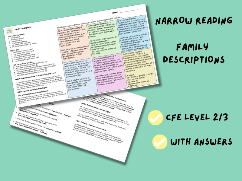 Family Descriptions | Narrow Reading Worksheet | CfE Level 2/3